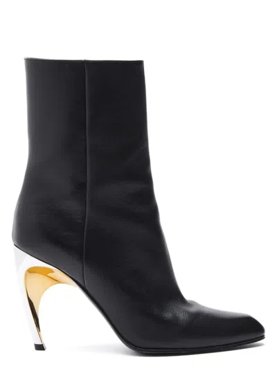 ALEXANDER MCQUEEN WOMEN'S ALMOND TOE BLACK LEATHER BOOTS