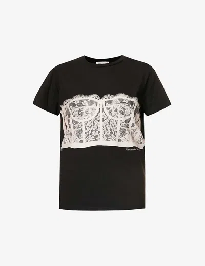 Alexander Mcqueen Women's Black Shell Lace-print Cotton-jersey T-shirt In Black   Shell