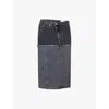 Alexander Mcqueen Mcqueen Two-tone Low Rise Denim Midi Skirt In Black Stonewashed