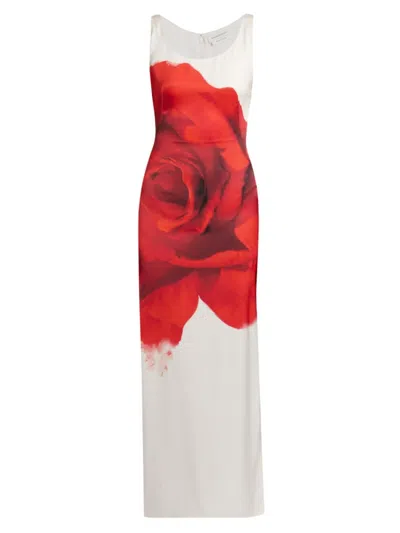 Alexander Mcqueen Bleeding Rose-print Satin Dress In Opticalwhite