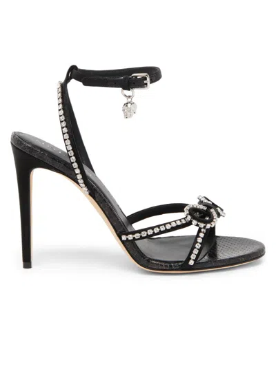 Alexander Mcqueen 105 Crystal-bow Snake Print Leather Sandals In Black