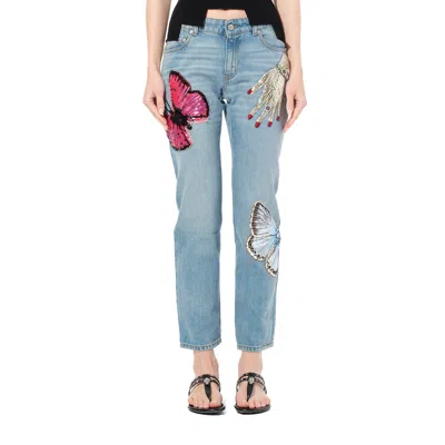 Alexander Mcqueen Women's Denim Pants With Print In Blue