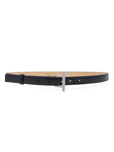 Alexander Mcqueen Women's Embellished Leather T-bar Belt In Gold