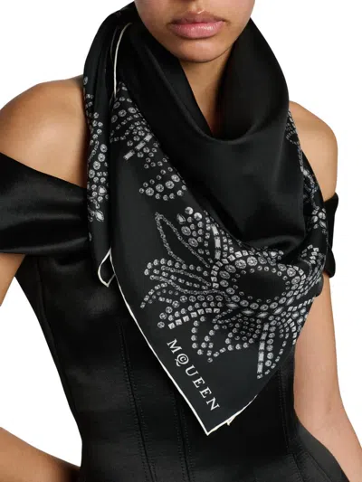 Alexander Mcqueen Crystal Exploded Sunflower Silk Scarf In Black