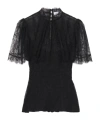 Alexander Mcqueen High Neck Sheer Lace Short Sleeve Top In Black