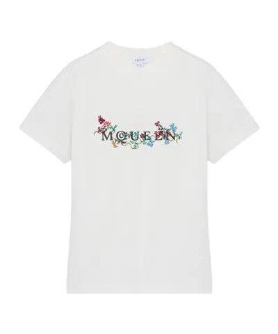 Alexander Mcqueen Women's Floral Mcqueen Logo T-shirt In Ivory In Multi