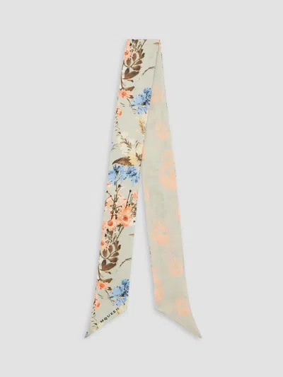 Alexander Mcqueen Women's Floral Skull Silk Twill Ribbon Scarf In Pistachio Pink