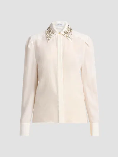 Alexander Mcqueen Women's Floral-embellished Collar Silk Shirt In Neutral