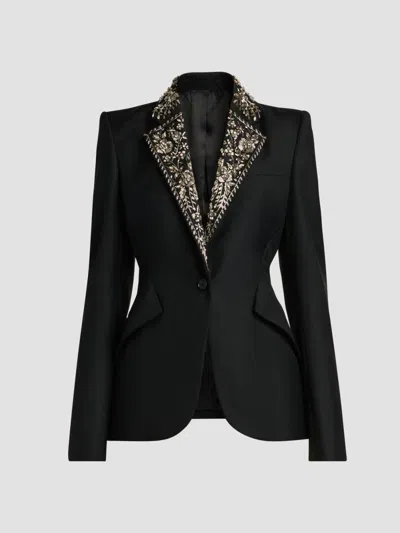 Alexander Mcqueen Women's Floral-embellished Wool One-button Blazer In Black