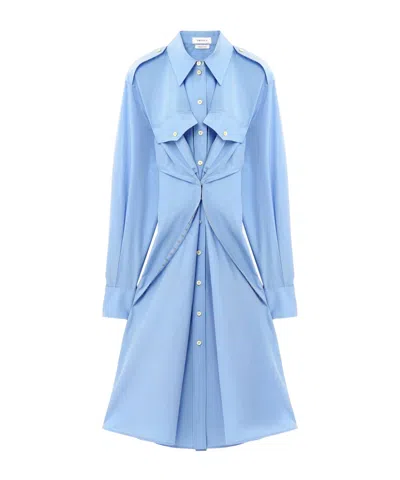 Alexander Mcqueen Mcqueen Long Sleeve Gathered Cotton Blend Shirtdress In Blue