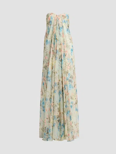 Alexander Mcqueen Women's Goddess Floral Draped Bustier Strapless Silk Maxi Dress In Blue