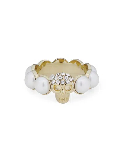 Alexander Mcqueen Women's Goldtone, Imitation Pearl & Glass Crystal Skull Ring In Metallic