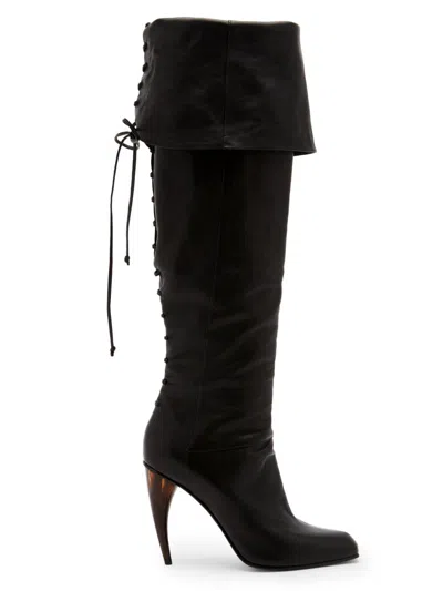Alexander Mcqueen Women's Horn 105mm Leather Foldover Lace-back Boots In Black