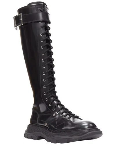 Pre-owned Alexander Mcqueen Women's Leather Tread Leather Lace Up Combat Knitee High  Boot (authentic Pre-love