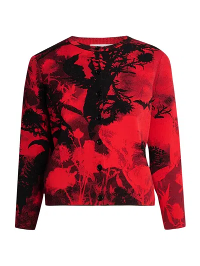 Alexander Mcqueen Women's London Flowers Jacquard Cardigan In Red Black