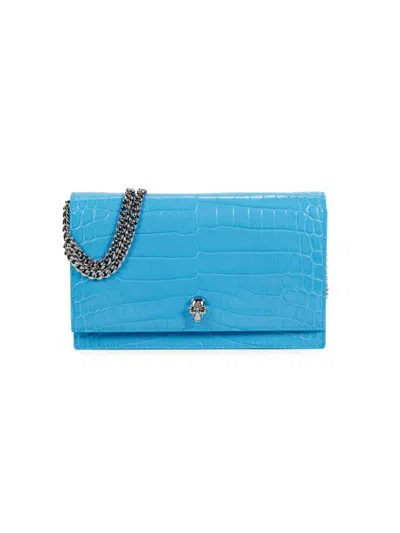 Alexander Mcqueen Women's Medium Skull Croc Embossed Leather Shoulder Bag In Blue