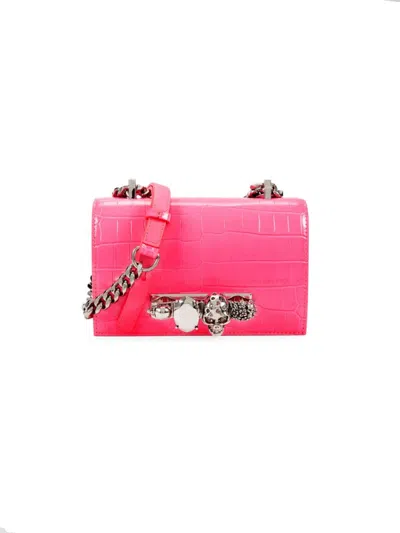 Alexander Mcqueen Women's Mini Skull Croc Embossed Leather Crossbody Bag In Pink