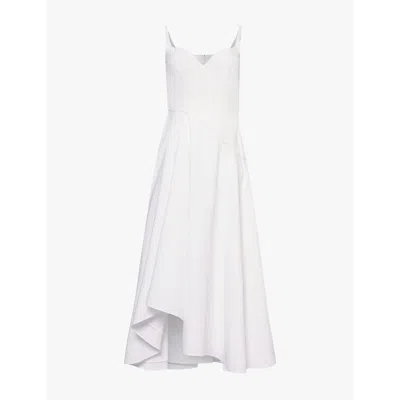 Alexander Mcqueen Womens Opticalwhite Asymmetric Sweetheart-neck Cotton-poplin Midi Dress