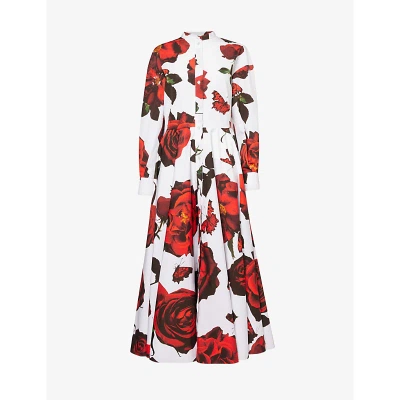 Alexander Mcqueen Womens Opticalwhite Floral-pattern Cotton-poplin Midi Dress