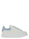 Alexander Mcqueen White Leather Sneakers With Pastel Light Blue Suede Heel In Blue
