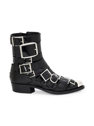 Alexander Mcqueen Women's Patent Leather Buckle Boots In Black
