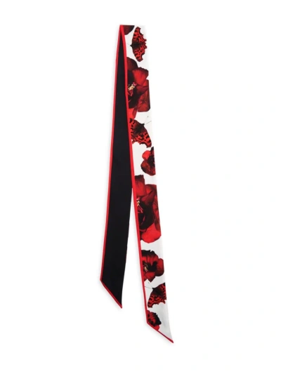 Alexander Mcqueen Women's Rib-trim Rose Silk Scarf In Black Red