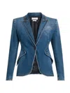 Alexander Mcqueen Women's Medium Wash Single-breasted Padded-shoulders Stretch-denim Jacket In Medium Wash