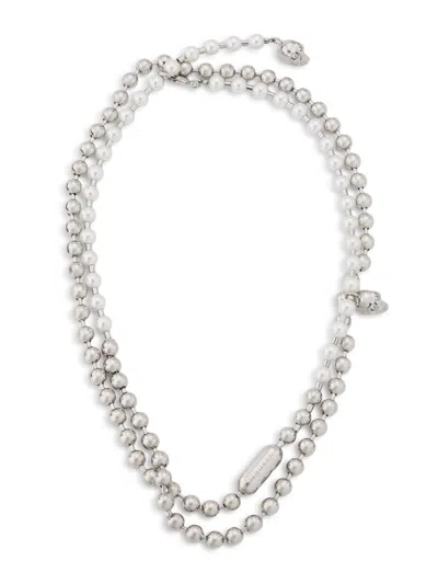 Alexander Mcqueen Women's Skull Pearl-embellished Ball Chain Belt In Metallic