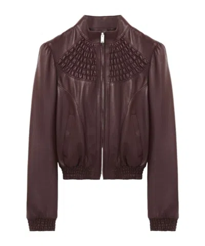 Alexander Mcqueen Women's Smocking Leather Jacket In Burgundy In Brown