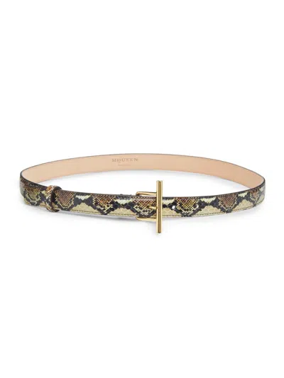 Alexander Mcqueen Women's Snake-embossed Leather T-bar Belt In Green