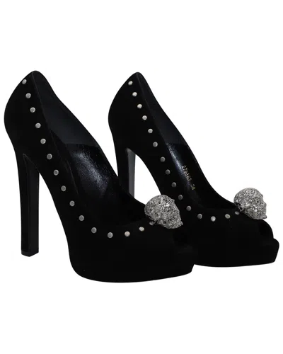 ALEXANDER MCQUEEN ALEXANDER MCQUEEN WOMEN'S SUEDE SKULL EMBELLISHED PEEP TOE PUMP (AUTHENTIC  PRE-LOVED)