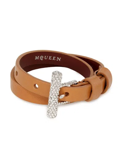 Alexander Mcqueen Women's T-bar Double Wrap Leather Bracelet In Neutral