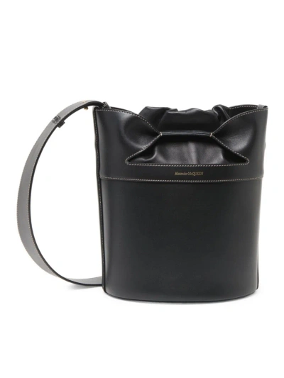 Alexander Mcqueen Black Leather Bucket Bow Crossbody Bag For Women From Ss24 Collection