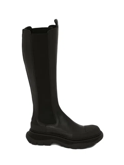 Alexander Mcqueen Tread Slick Leather Mid-calf Boots In Black