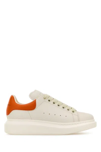 Alexander Mcqueen Women White Leather Sneakers With Orange Leather Heel