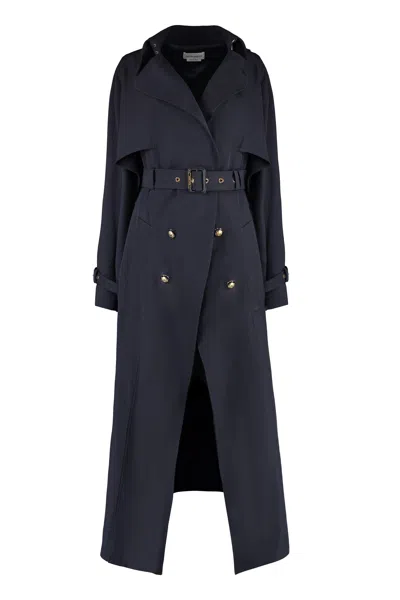 Alexander Mcqueen Women's Wool And Cotton Trench Jacket With Coordinated Belt And Contrasting Colour Buttons In Blue