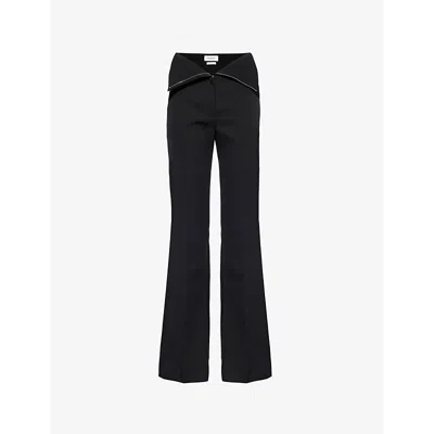 Alexander Mcqueen Womens Flared Asymmetric-waistband Straight-leg Mid-rise Wool Trousers Black