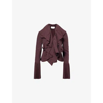Alexander Mcqueen Womens Burgundy Plisse-collar Long-sleeve Woven Top