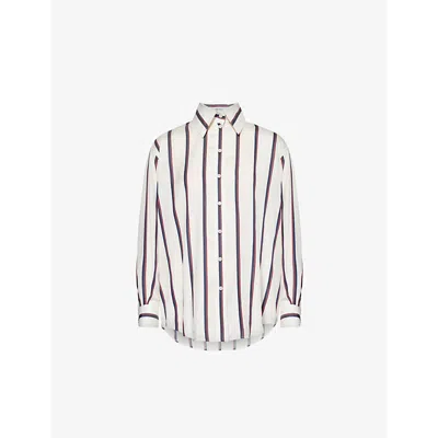 Alexander Mcqueen Womens Striped Curved-hem Silk Shirt Ivory Navy Burgundy