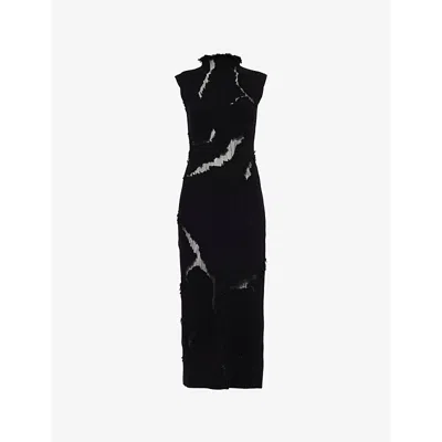 Alexander Mcqueen Destroyed Wool Blend Midi Dress In Black
