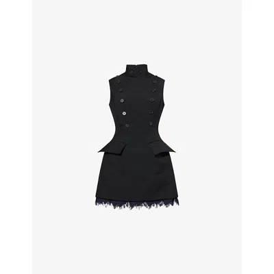 Alexander Mcqueen Womens Frayed-hem Sleeveless Wool Mini Dress Black