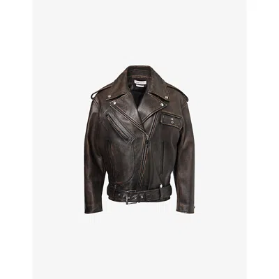 Alexander Mcqueen Womens Oversized Leather Biker Jacket Dark Brown Tan