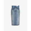 Alexander Mcqueen Blue Fold Over Waist Denim Midi Skirt In Black