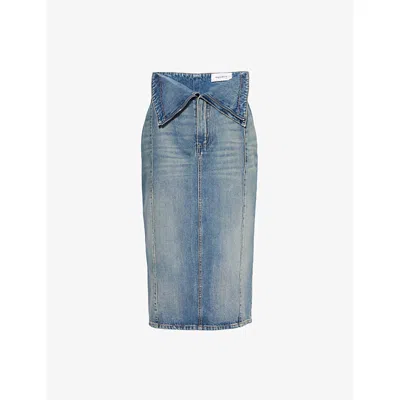 ALEXANDER MCQUEEN WOMENS ASYMMETRIC-WAISTBAND TWO-PATCH-POCKETS DENIM MIDI SKIRT INDIGO STONEWASHED