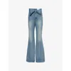 Alexander Mcqueen Womens  Flared Asymmetric-waistband Straight-leg Mid-rise Denim Jeans In Indigo Stonewashed