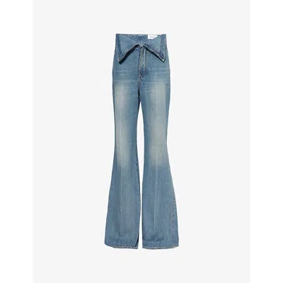 Alexander Mcqueen Womens  Flared Asymmetric-waistband Straight-leg Mid-rise Denim Jeans In Indigo Stonewashed