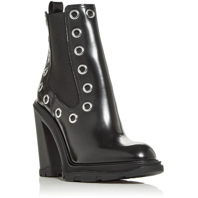 Pre-owned Alexander Mcqueen Womens Leather Block Heel Round Toe Ankle Boots Bhfo 9022 In Black/black/silver