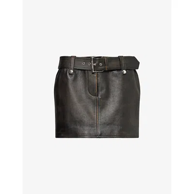 Alexander Mcqueen Womens Distressed Belt-waist Leather Mini Skirt Dark Brown Tan