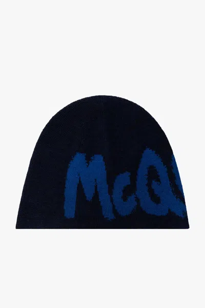 Alexander Mcqueen Logo Embroidered Knit Beanie In Blue