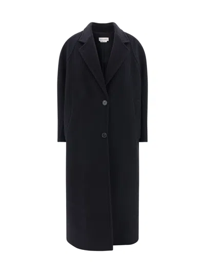 Alexander Mcqueen Double-breasted Wool Blend Coat With Buckle Detail In Black